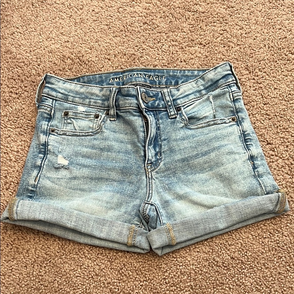 American Eagle Outfitters Light Blue Jean Shorts with Distressed Hem Size 2